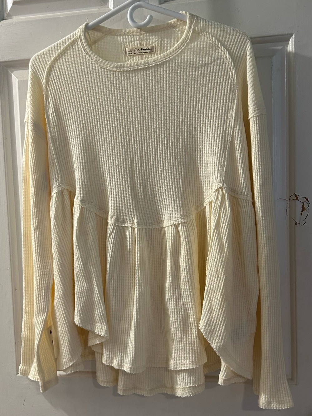 Free People Cream Waffle-Knit Peplum Long Sleeve Top